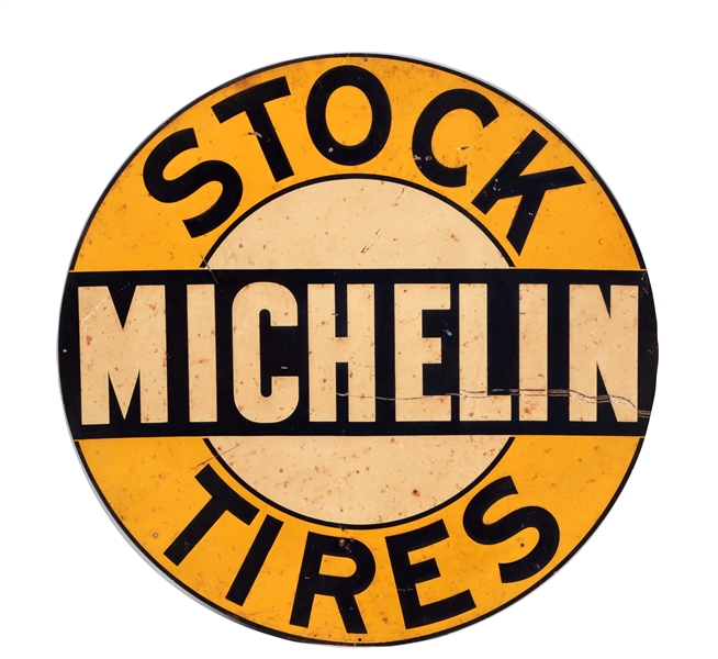 MICHELIN STOCK TIRES EMBOSSED TIN SIGN.