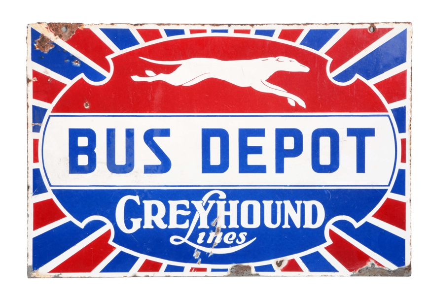 GREYHOUND BUS DEPOT PORCELAIN SIGN WITH DOG GRAPHIC.