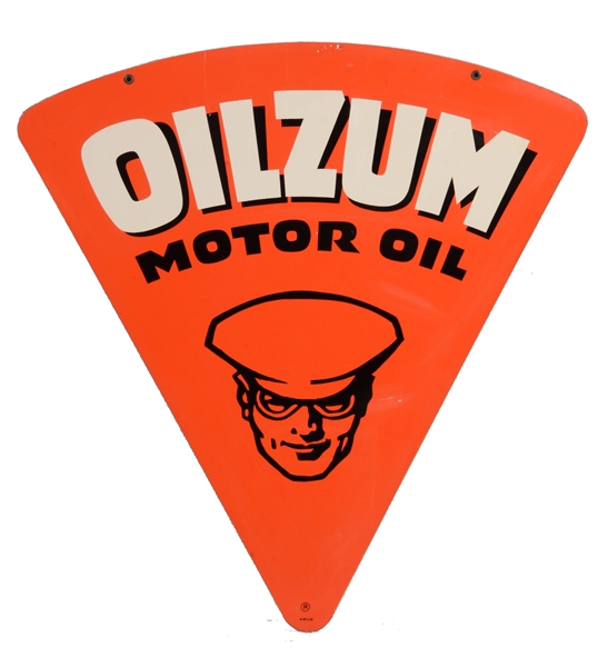 OILZUM MOTOR OIL TIN SIGN WITH OSWALD THE DRIVER GRAPHIC.