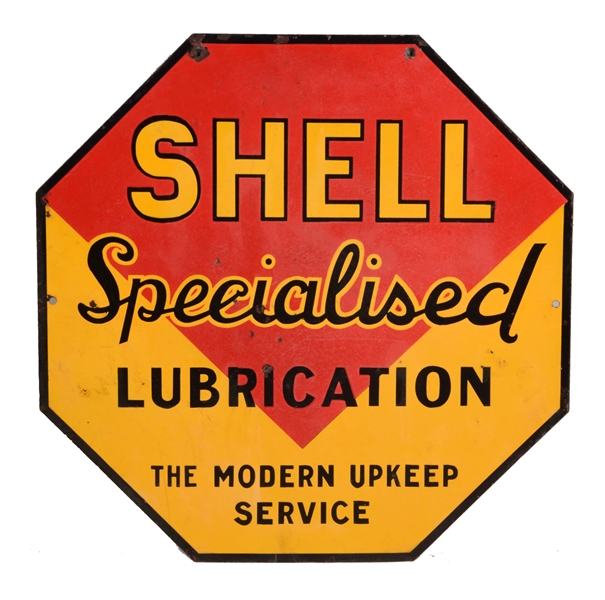 SHELL GASOLINE SPECIALIZED LUBRICATION OCTAGON PORCELAIN SIGN.