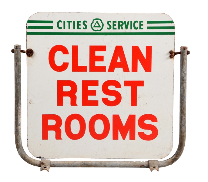 CITIES SERVICE CLEAN REST ROOMS PORCELAIN SIGN WITH BRACKET.