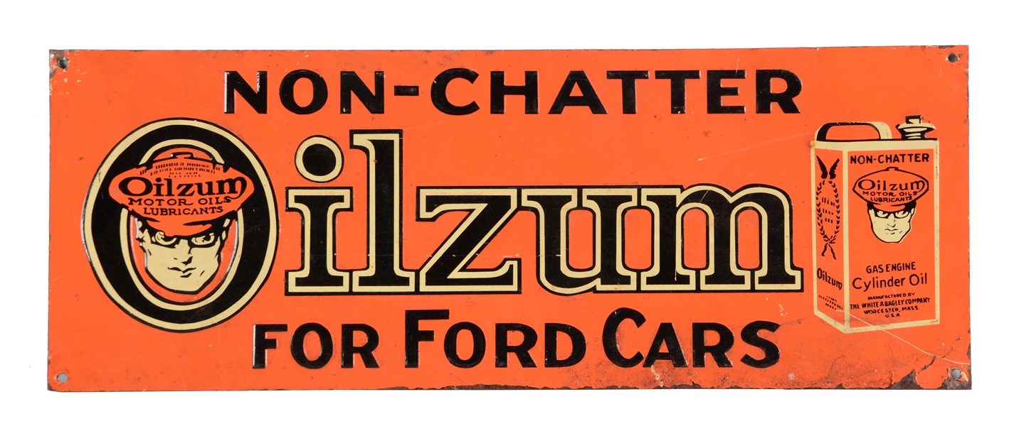OILZUM FOR FORD CARS EMBOSSED TIN SIGN.