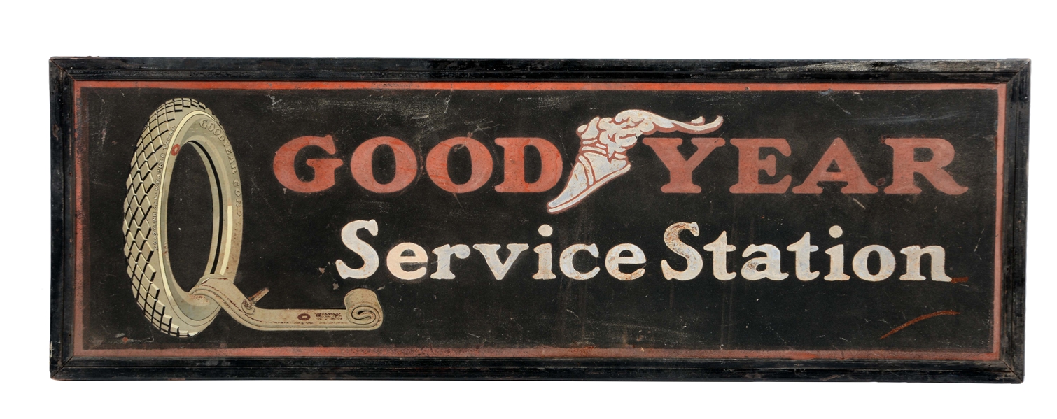 GOODYEAR TIRES SERVICE STATION TIN SIGN WITH WOOD FRAME.