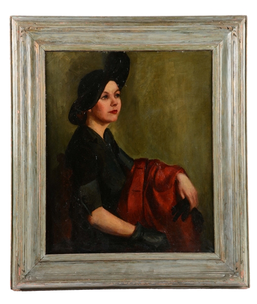OIL ON CANVAS OF LADY DRESSED IN 1920S FASHION.