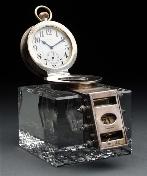 STERLING SILVER & GLASS INKWELL WITH 8 DAY CLOCK.