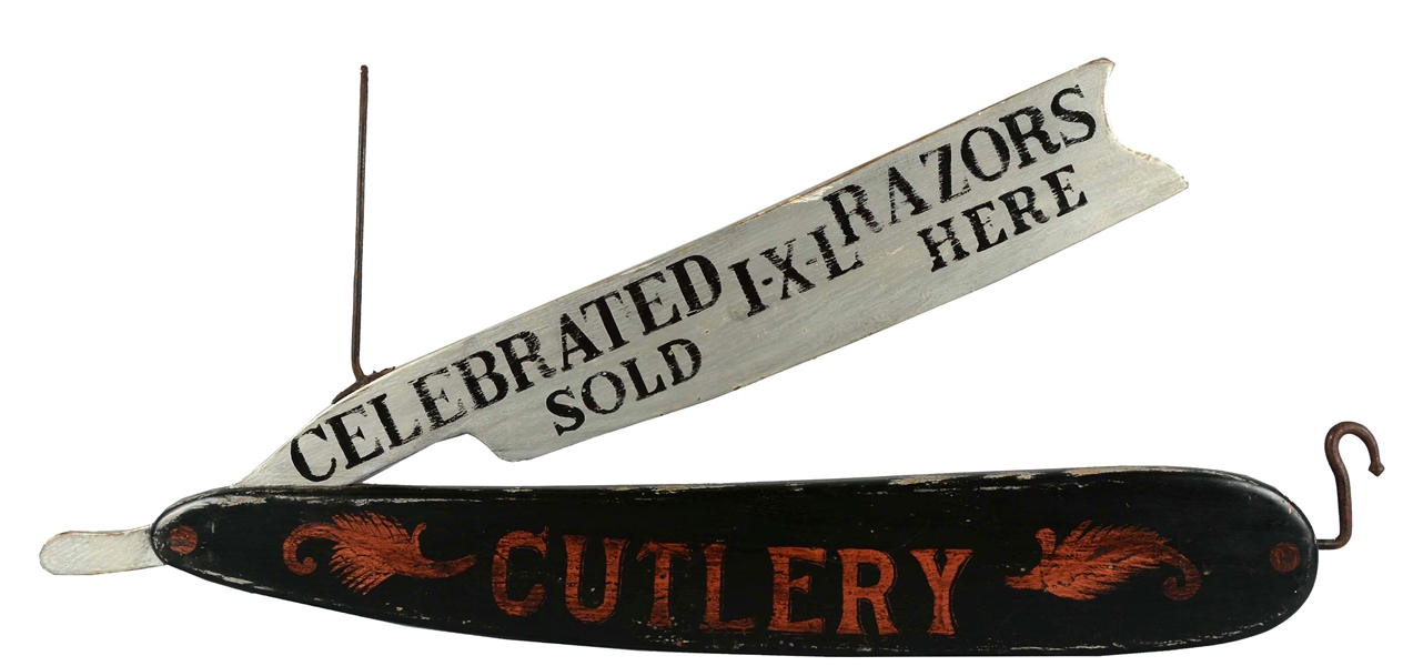 CUTLERY RAZOR SOLD HERE WOODEN TRADE SIGN.