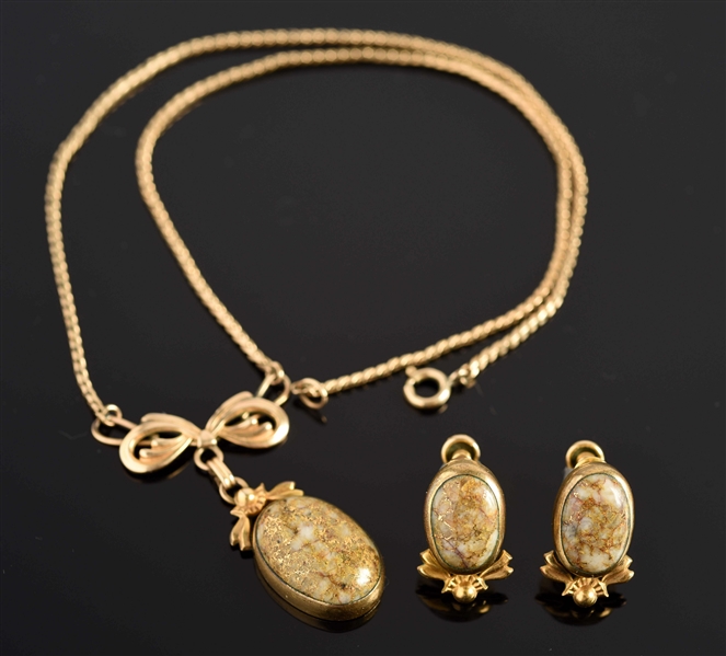 GOLD QUARTZ PENDANT WITH CHAIN & MATCHING SCREW BACK EARRINGS.
