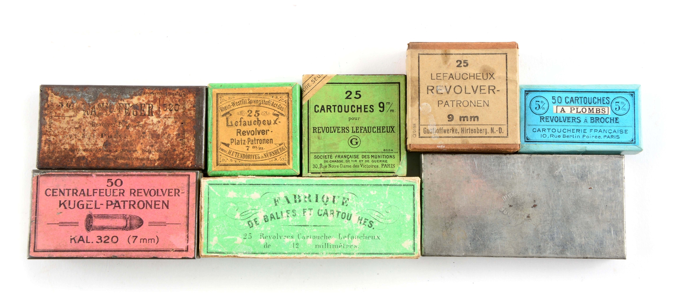 LOT OF 8: BOXES OF PINFIRE & RIMFIRE EUROPEAN AMMO.