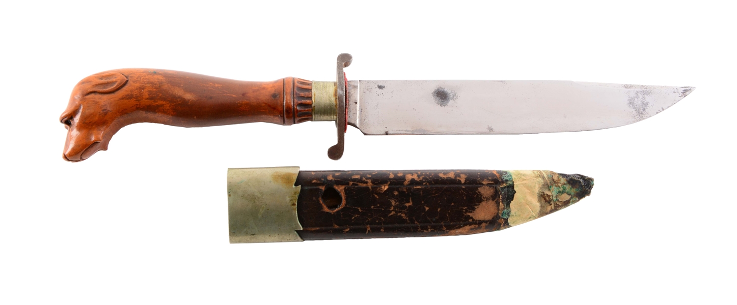 EUROPEAN FIXED BLADE KNIFE WITH DOGS HEAD HANDLE.