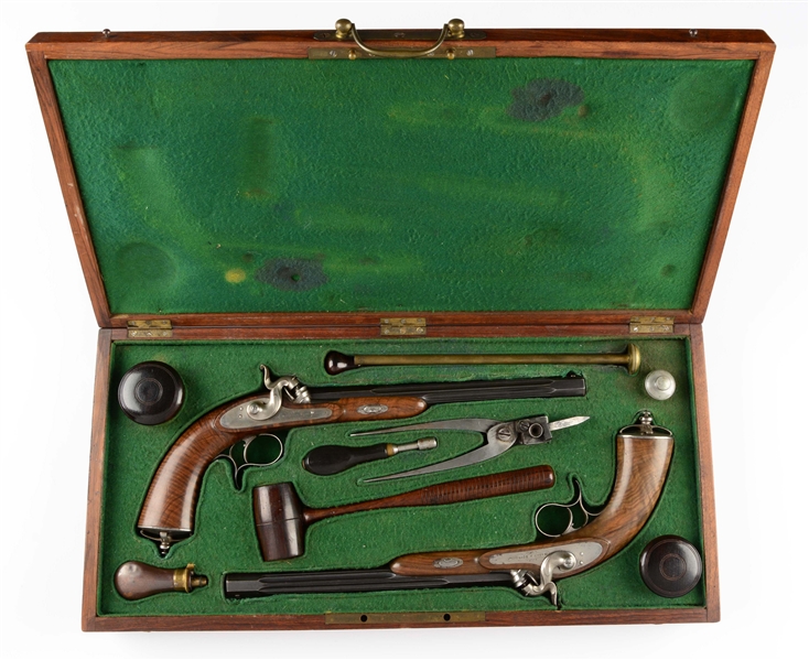 (A) FINE & HIGH CONDITION CASED PAIR OF FRENCH PERCUSSION TARGET PISTOLS BY MULLER.