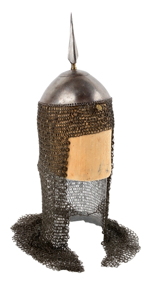 17TH CENTURY INDIAN HELMET WITH RIVETED LINKMAIL.