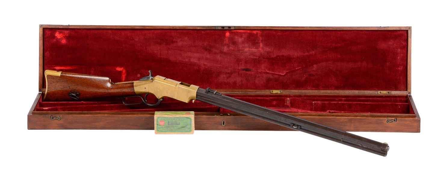 (A) INCREDIBLE HIGH CONDITION CASED WINCHESTER HENRY LEVER ACTION RIFLE.