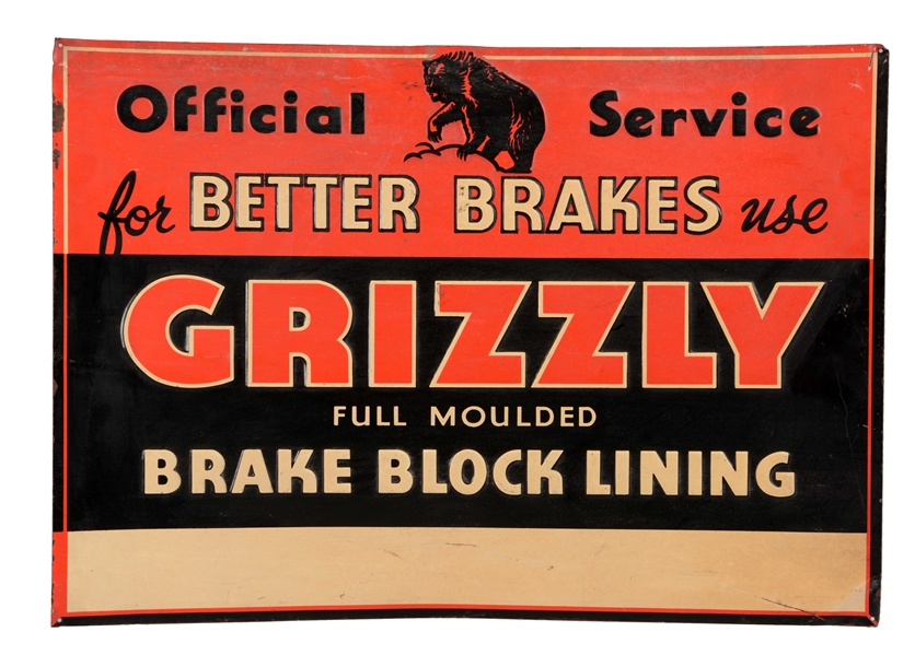 GRIZZLY BRAKE LINING EMBOSSED TIN SIGN. 