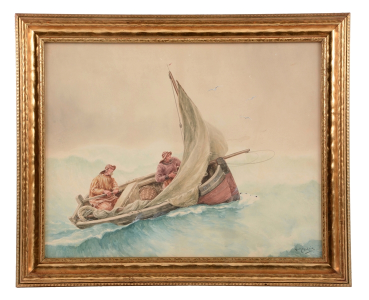FRAMED G. HAQUETTE PAINTING TWO SEA MEN ON A BOAT. 