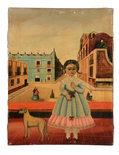 OIL ON CANVAS LITTLE GIRL WITH DOG. 
