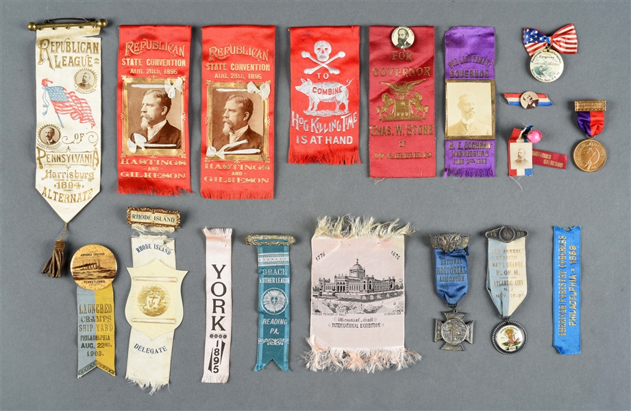 LOT OF HISTORICAL POLITICAL BUTTONS AND RIBBONS.