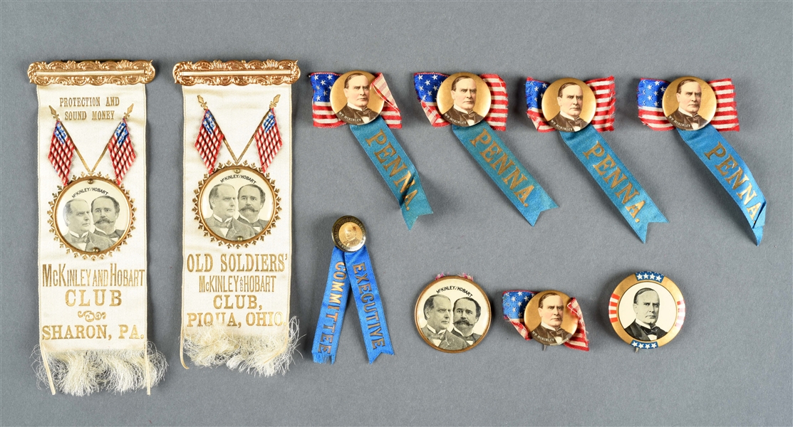 LOT OF MCKINLEY & HOBART POLITICAL BUTTONS & RIBBONS. 