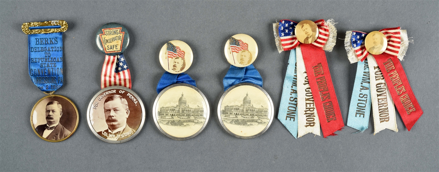 LOT OF 6: COL. WM. A. STONE FOR GOVERNOR OF PA RIBBONS & BUTTONS.