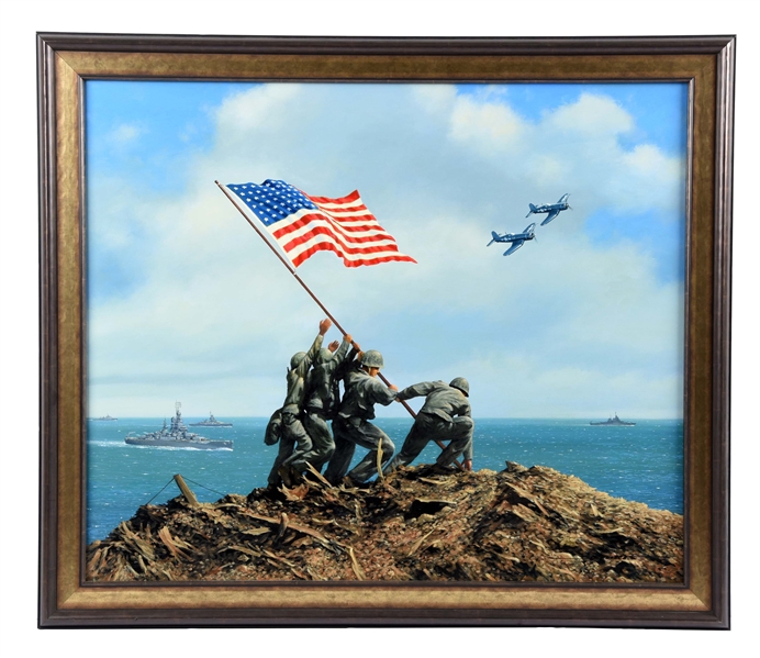 FAMOUS OIL PAINTING OF SOLDIERS RAISING FLAG AT IWOJIMA.