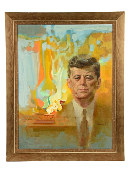 OIL PORTRAIT OF KENNEDY WITH ETERNAL FLAME.