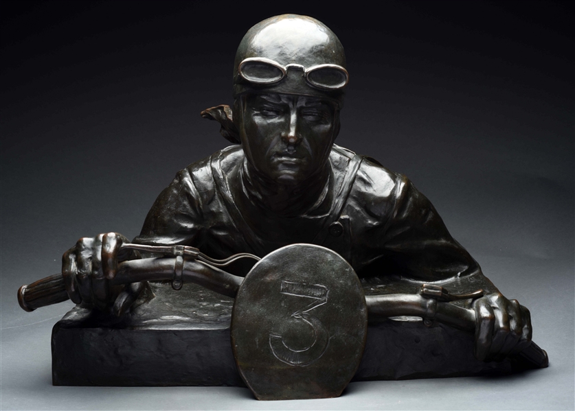 LARGE BRONZE BUST OF MOTORCYCLE RACER.