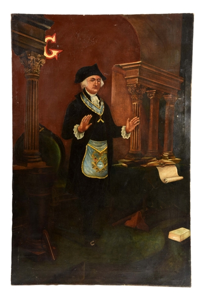 LARGE OIL ON CANVAS OF MAN WITH RAISED HANDS & MASONIC EMBLEM.