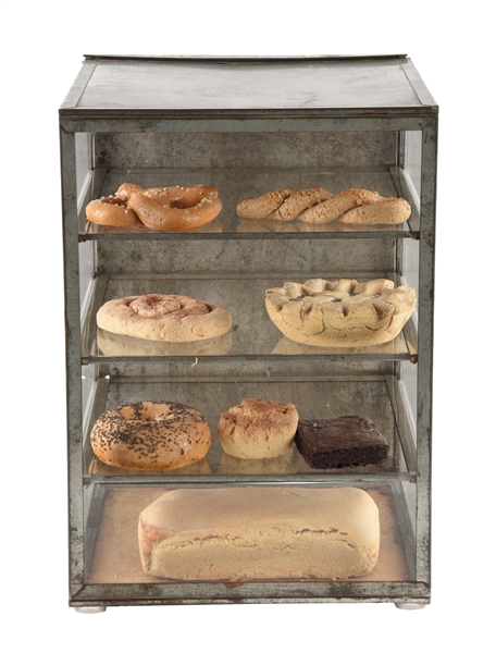 GLASS STORE DISPLAY WITH BREAD & PIES. 