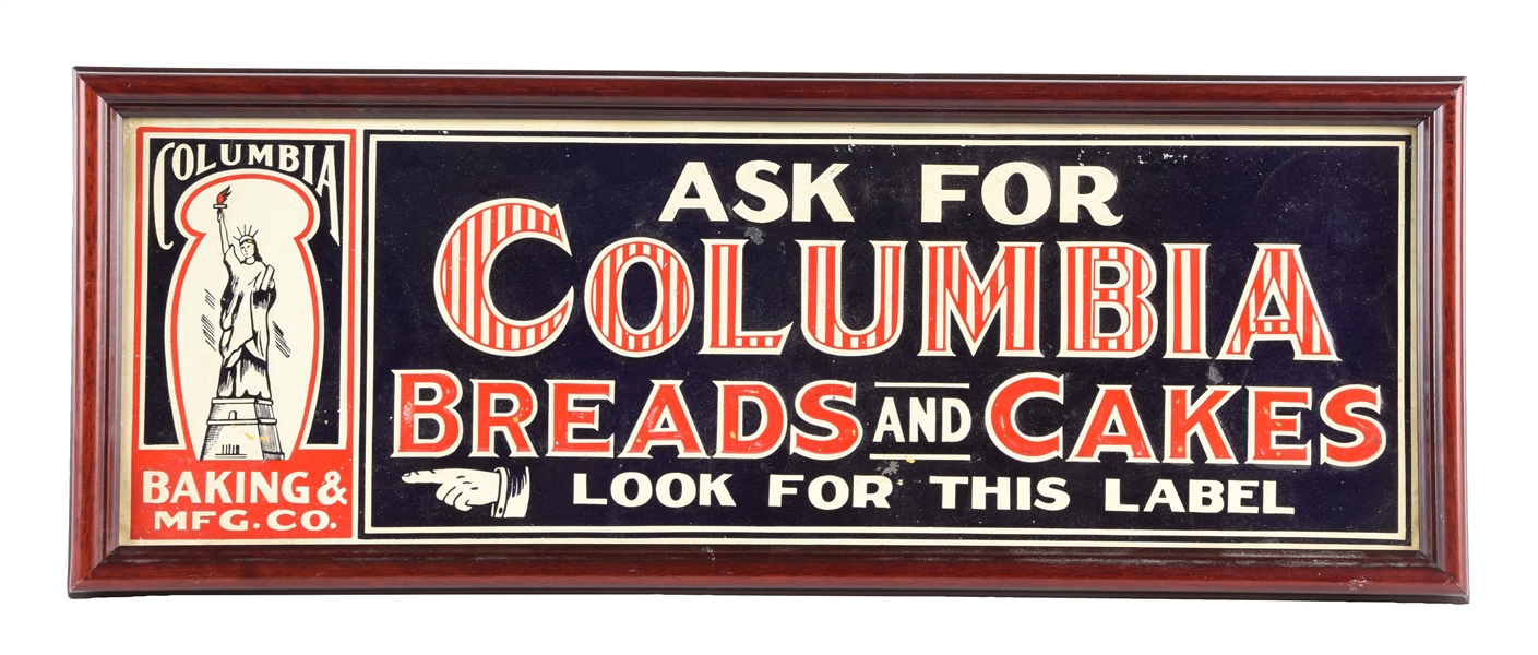 COLUMBIA BREADS AND CAKES EMBOSSED TIN SIGN. 