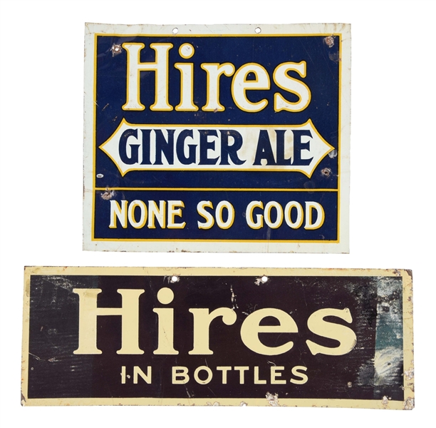 LOT OF 3: EARLY EMBOSSED HIRES GINGER ALE & HOUSEHOLD EXTRACTS TIN SIGNS. 