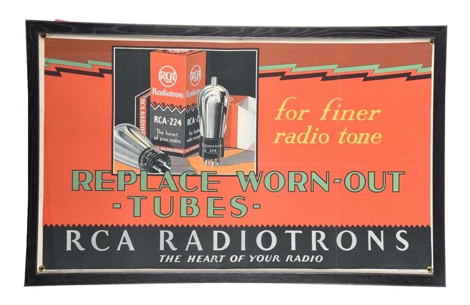 FRAMED RCA RADIO CLOTH ADVERTISING BANNER SIGN. 