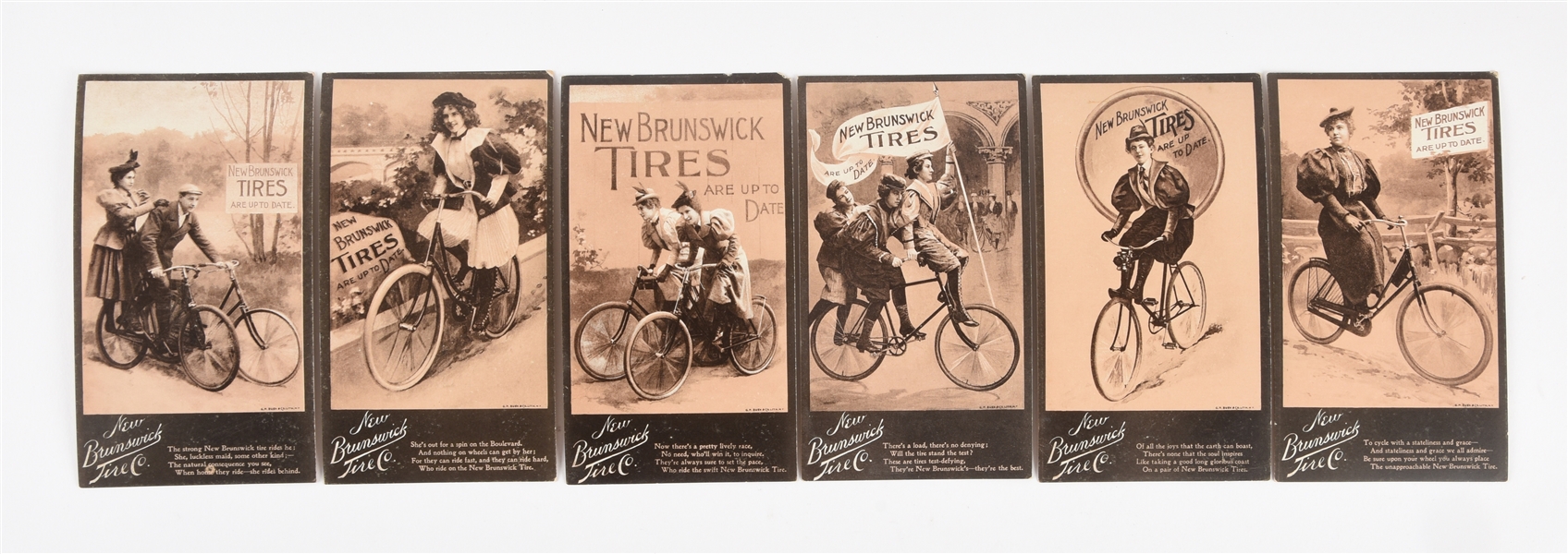 LOT OF 6: 1897 NEW BRUNSWICK TIRES TRADE CARDS