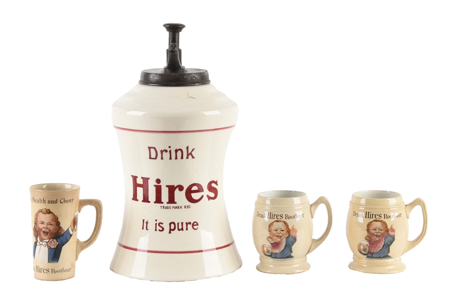 HIRES ROOT BEER SYRUP DISPENSER & THREE MUGS. 