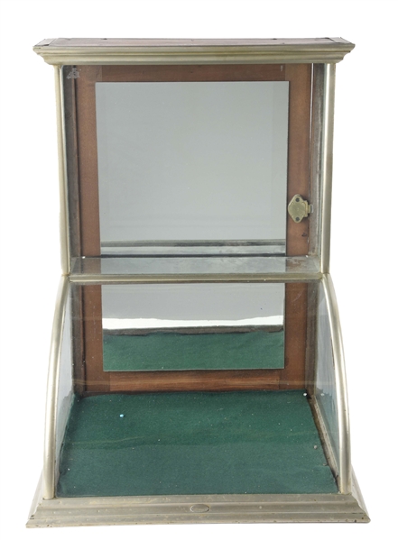 LARGE CATHEDRAL TYPE CURVED GLASS DISPLAY CASE. 