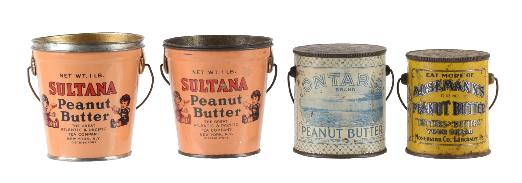 LOT OF 4: EARLY ADVERTISING PEANUT BUTTER TINS.