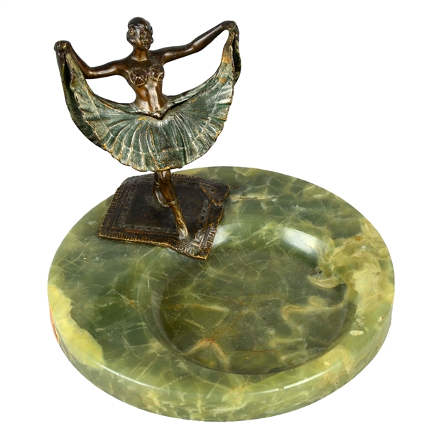 NAUGHTY BRONZE COIN TRAY ON GREEN MARBLE.