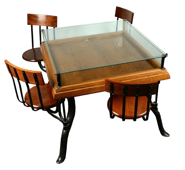 SODA FOUNTAIN ICE CREAM DISPLAY TABLE WITH SWING OUT SEATS.