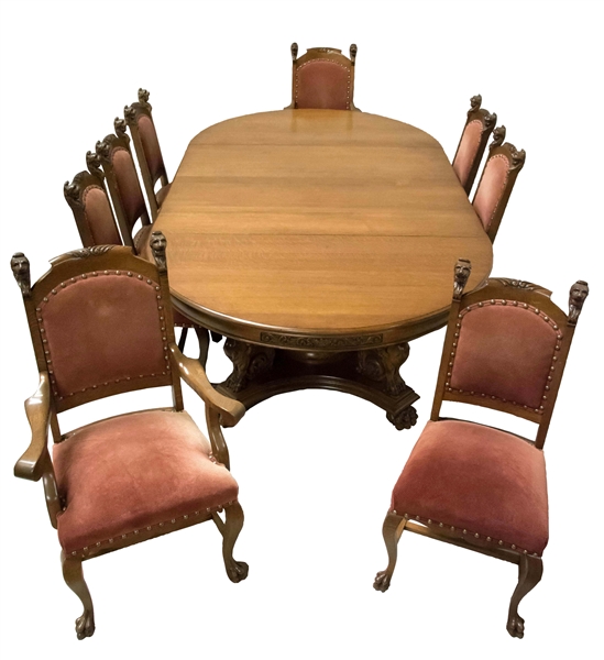 LOT OF 9: DINING TABLE AND CHAIRS. 