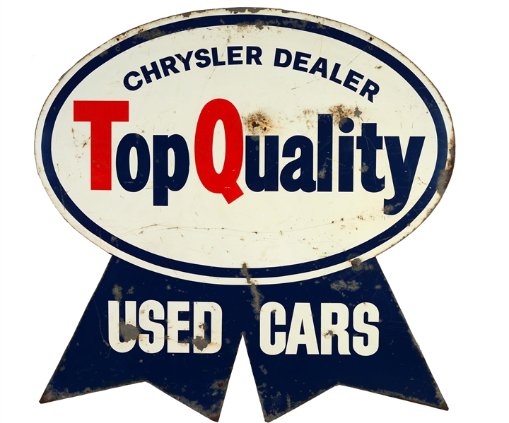 DOUBLE SIDED CHRYSLER DEALER TOP QUALITY USED CARS STEEL SIGN.