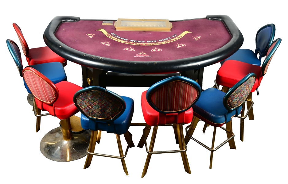 LOT OF 9: SAHARA HOTEL BLACK JACK TABLE WITH CHAIRS. 