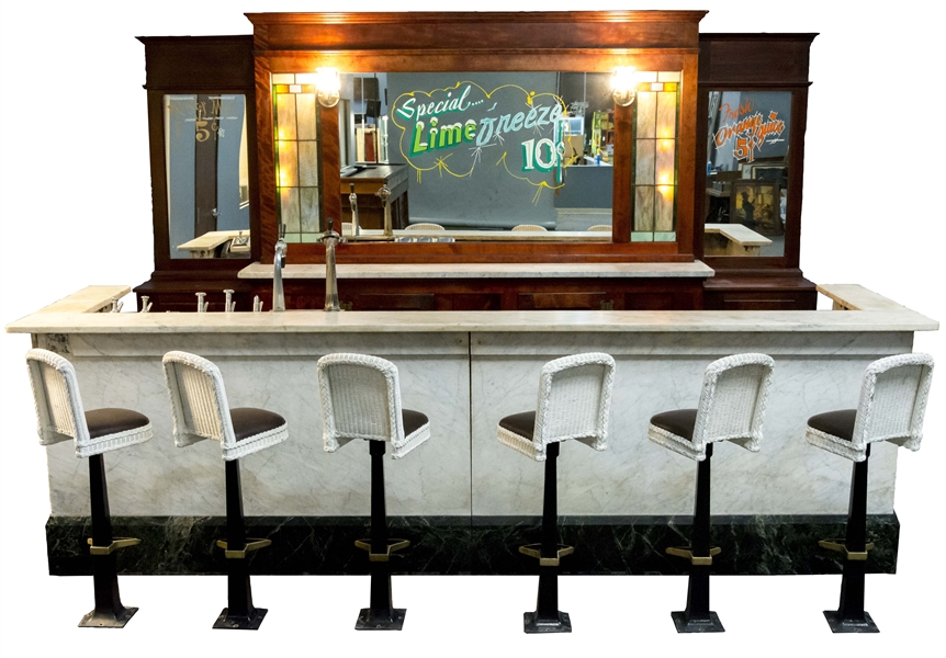 LARGE ANTIQUE SODA FOUNTAIN FRONT AND BACK BAR. 
