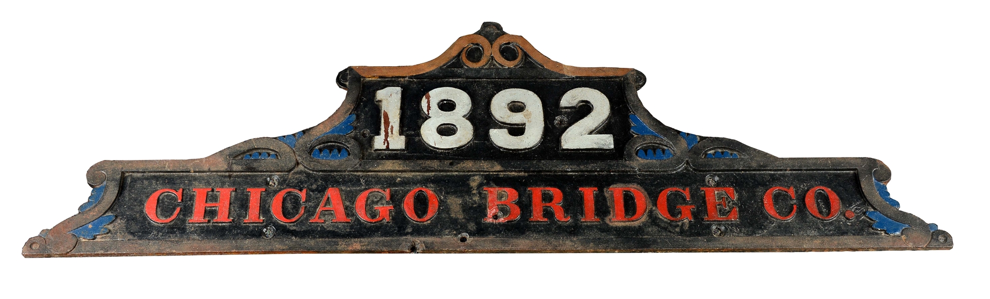 CAST IRON "1892 CHICAGO BRIDGE CO." SIGN.