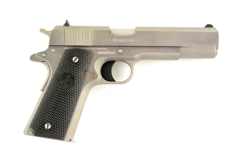 (M) BOXED COLT MODEL 1911 SERIES 80 .38 SUPER STAINLESS SEMI-AUTOMATIC PISTOL.