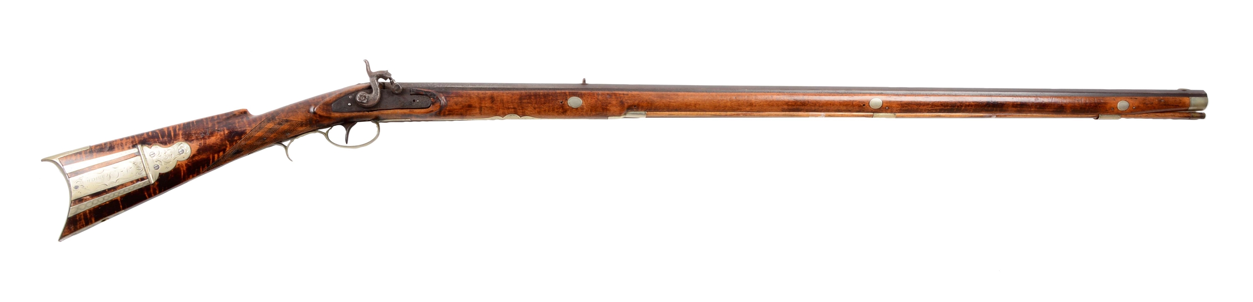 (A) FULLSTOCK SILVER MOUNTED PERCUSSION KENTUCKY TARGET RIFLE MARKED LEMAN.