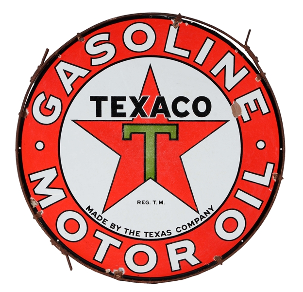 TEXACO GASOLINE & MOTOR OIL PORCELAIN SIGN IN ORIGINAL SHEPHERDS POLE RING.
