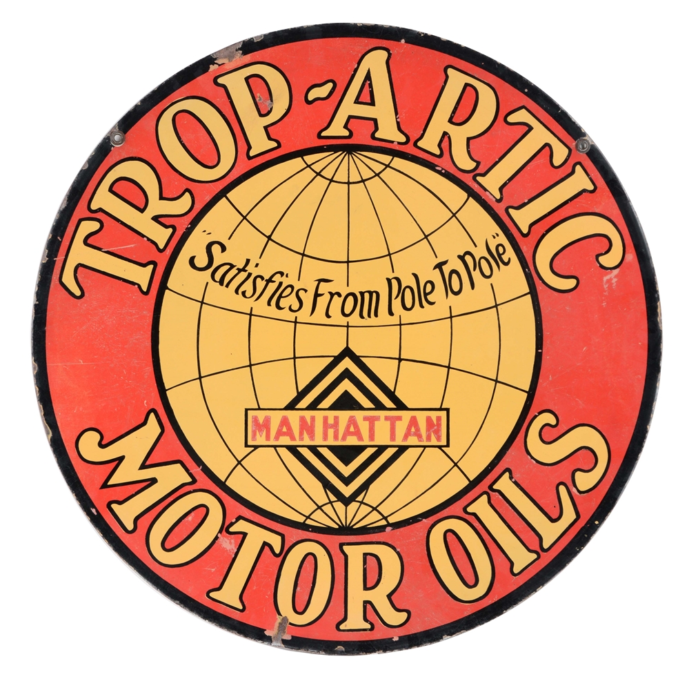 MANHATTAN OIL CO. TROP ARCTIC MOTOR OILS PORCELAIN SIGN.
