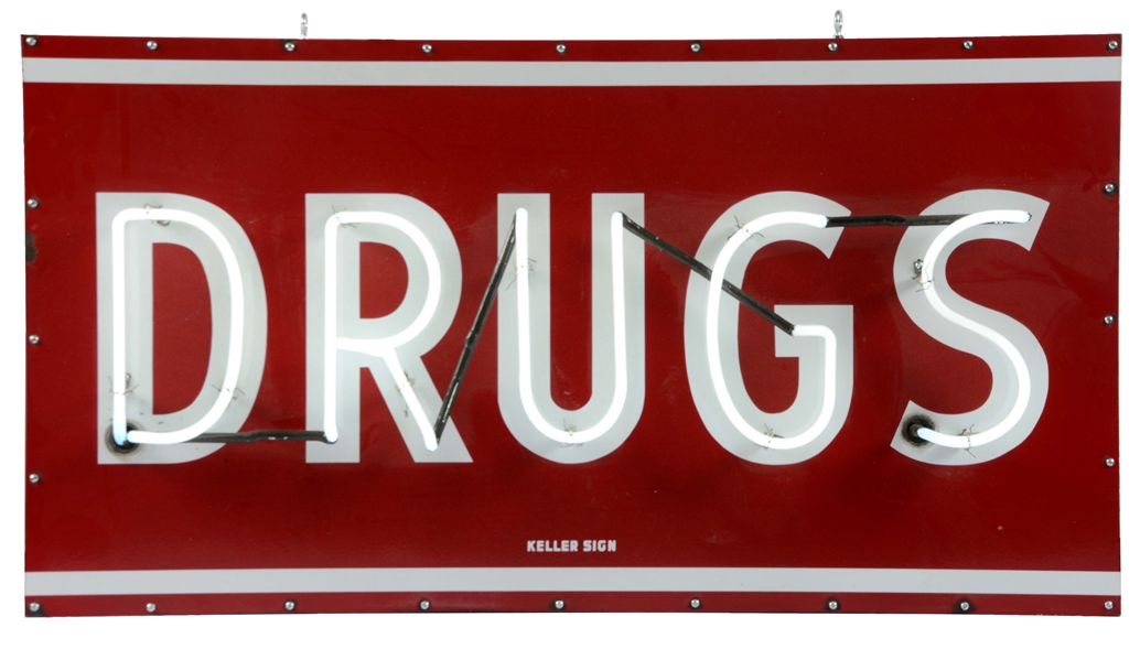 PORCELAIN DRUGS NEON SIGN ON METAL CAN