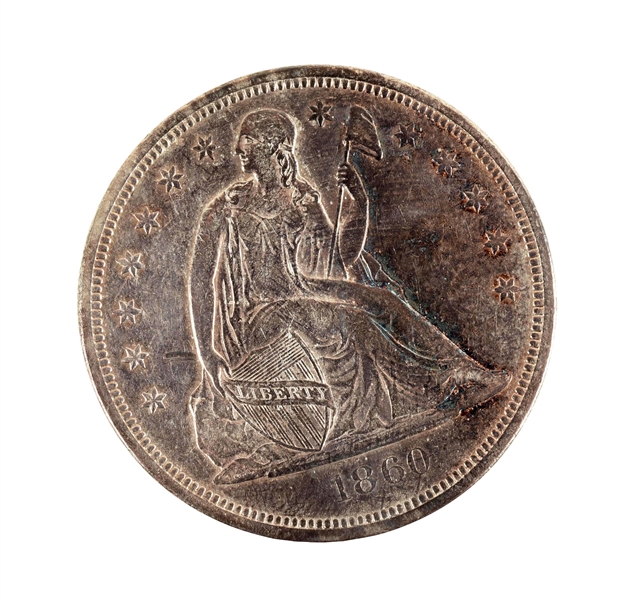 1860-O SEATED SILVER DOLLAR. 
