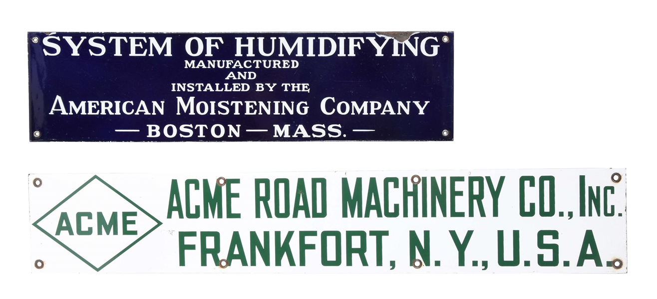 LOT OF 2: PORCELAIN ACME ROAD MACHINERY & HUMIDIFYING SIGNS. 