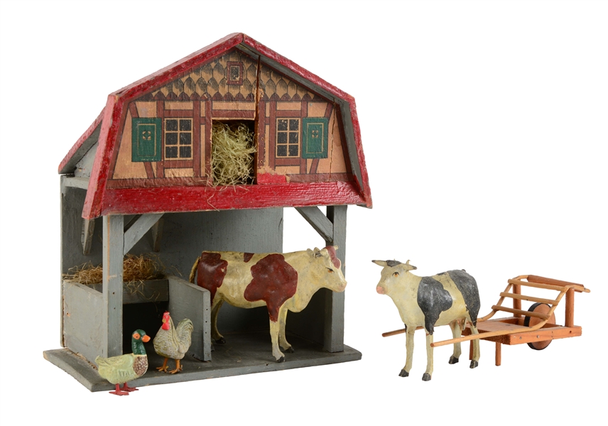 CHILDS WOODEN BARN WITH FARM ANIMALS. 