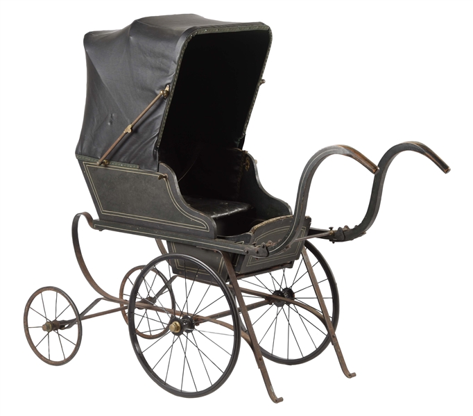 WOODEN CHILDS CARRIAGE WITH LEATHER CANOPY.